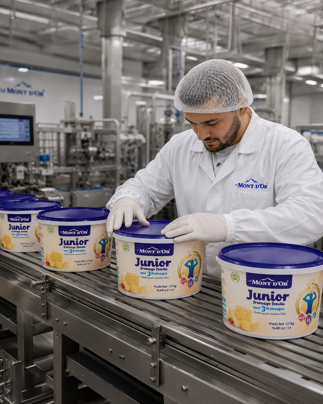 Un opérateur Le Mont d'Or sur la ligne de production des fromages fondus